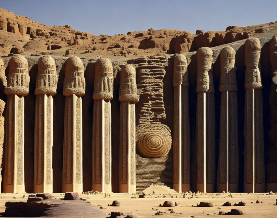 Intricate carved pillars in desert landscape under blue sky