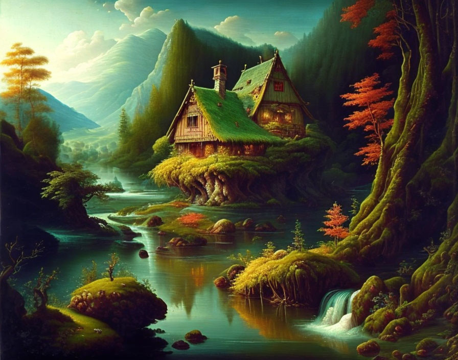 Tranquil fantasy landscape with house on lush island, waterfall, river, vibrant hills