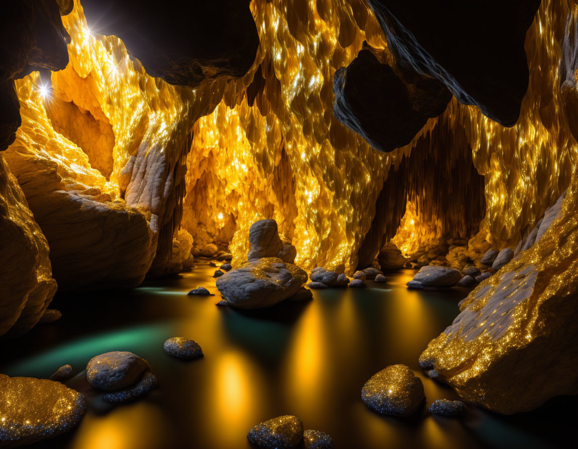 Golden Glowing Cave Reflected in Water with Rocks