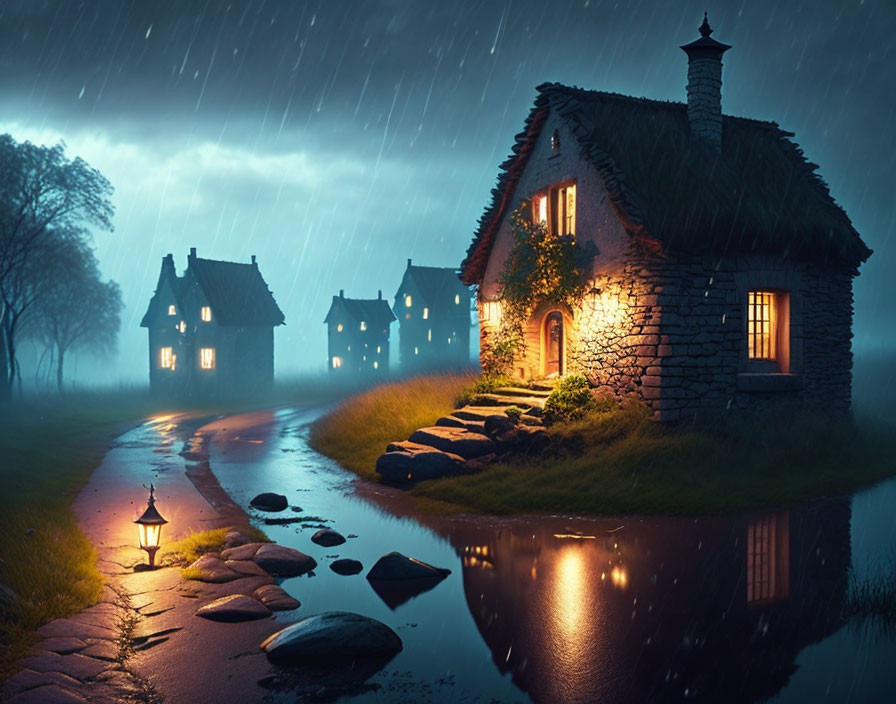 Stone cottage with lit window on wet cobblestone path in rainy ambiance