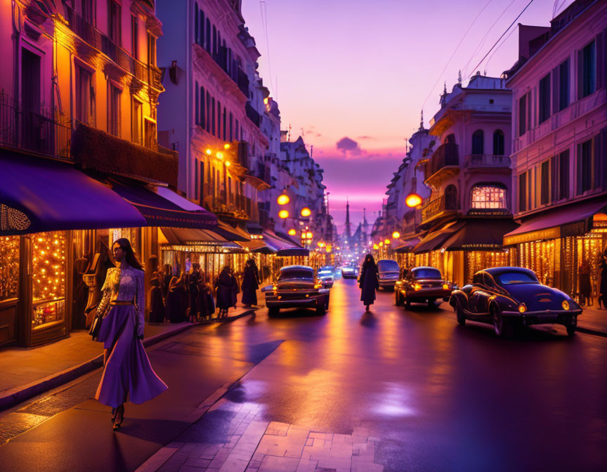 City street at dusk with woman, elegant buildings, shops, and parked cars