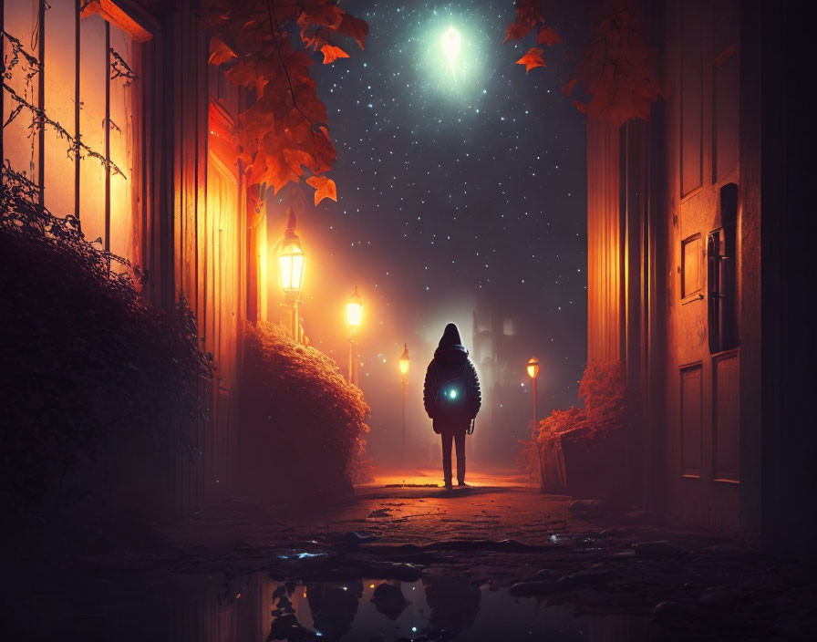 Solitary figure in narrow alley under autumn night sky