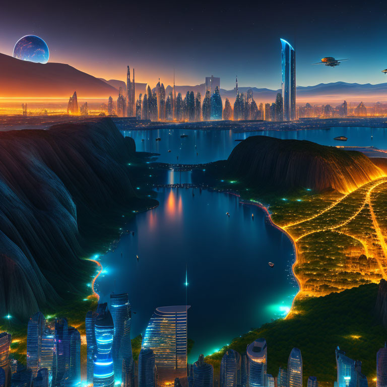 Futuristic cityscape at twilight with skyscrapers, lake, hills, and flying vehicles under