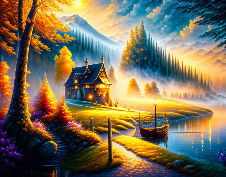 Serene lake landscape with cottage, boat, and mountains at sunset