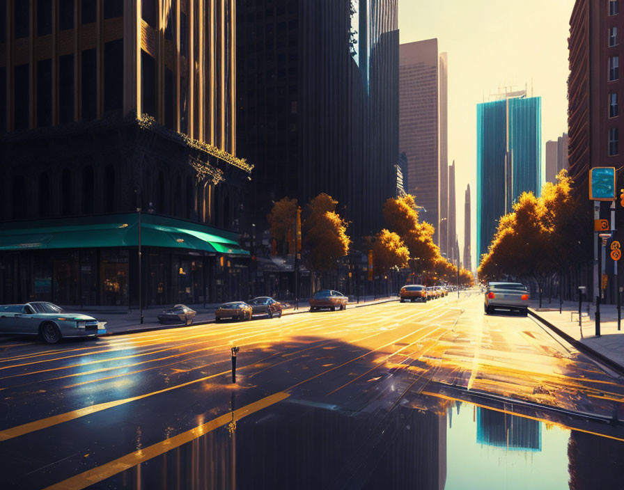 Golden sunlight illuminates wet city street with cars and towering buildings