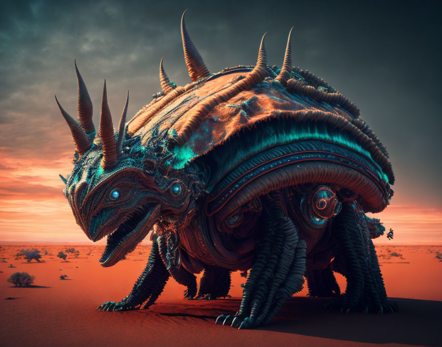 Armored creature with large horns in a desert under a reddish sky