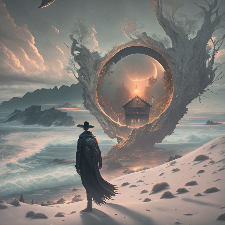 Figure in Long Coat on Snowy Beach Gazes at Surreal Tree Portal Showing Glowing House