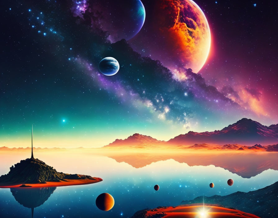 Colorful cosmic landscape with planets, stars, fiery horizon, mountains, and water.