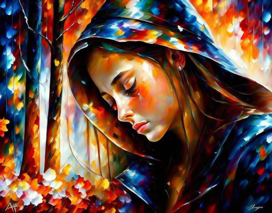 Colorful painting of pensive woman in blue cloak in autumn forest