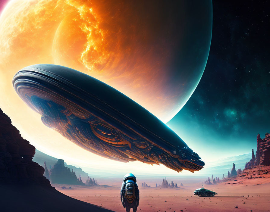 Desert landscape with planet, person in spacesuit, and alien spacecraft