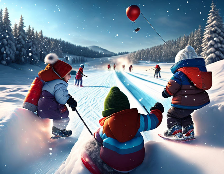 Children sledding and ice skating in snowy winter landscape with red balloon and skaters in background.