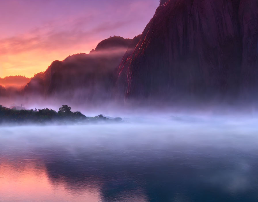 Misty River Sunrise with Orange and Purple Skies