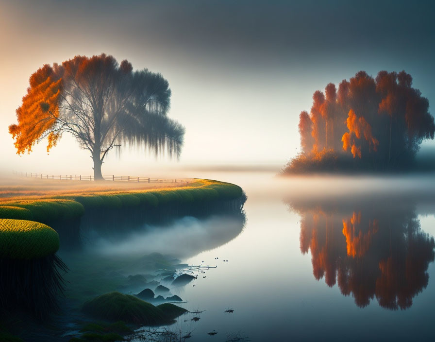 Tranquil autumn landscape with misty riverbank and vibrant trees