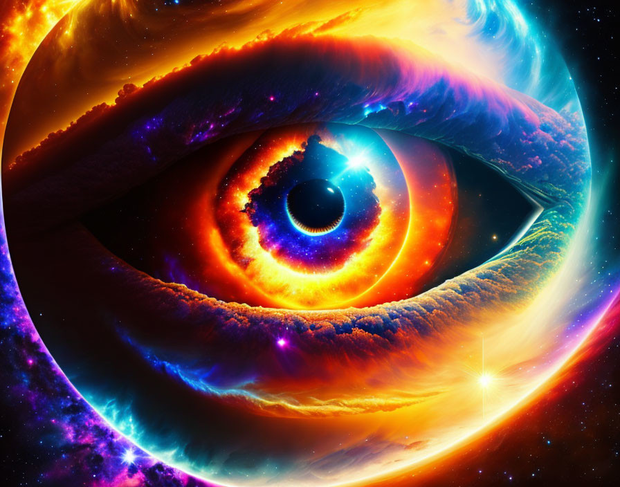 Colorful cosmic eye with swirling galaxy patterns and neon colors.