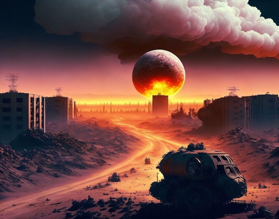 Dystopian landscape with ominous red planet, abandoned buildings, and futuristic vehicle