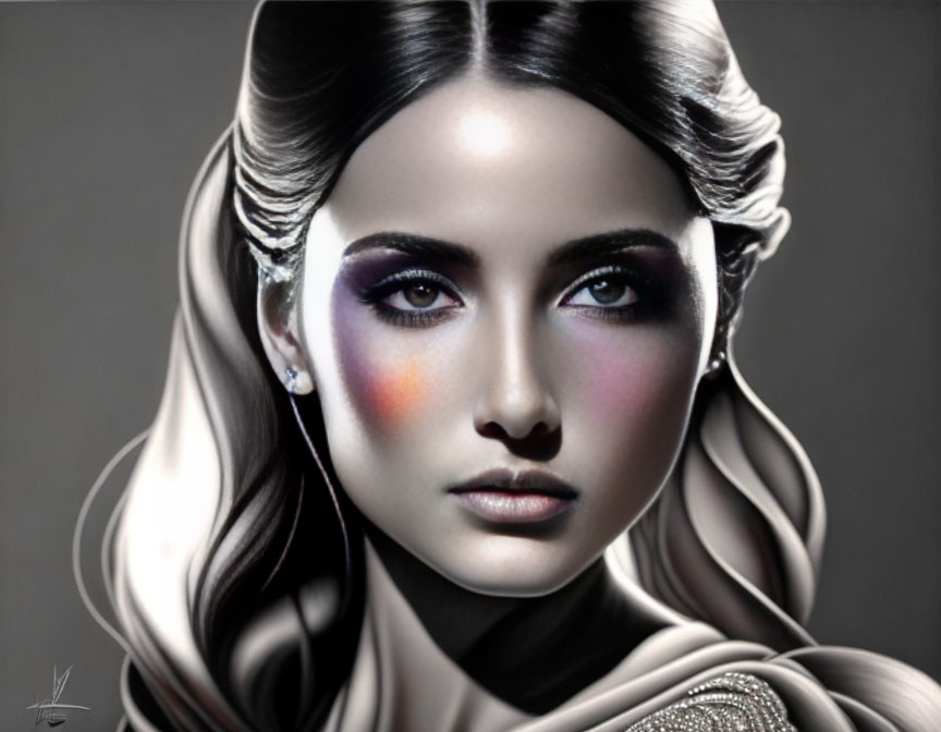 Digital Artwork: Woman with Dark Eyes and Gray Hair on Dark Background