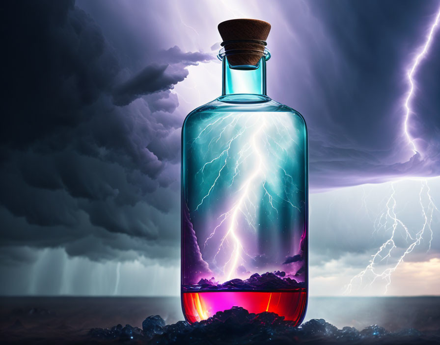 Glass bottle with cork: Stormy scene with lightning in tumultuous sky