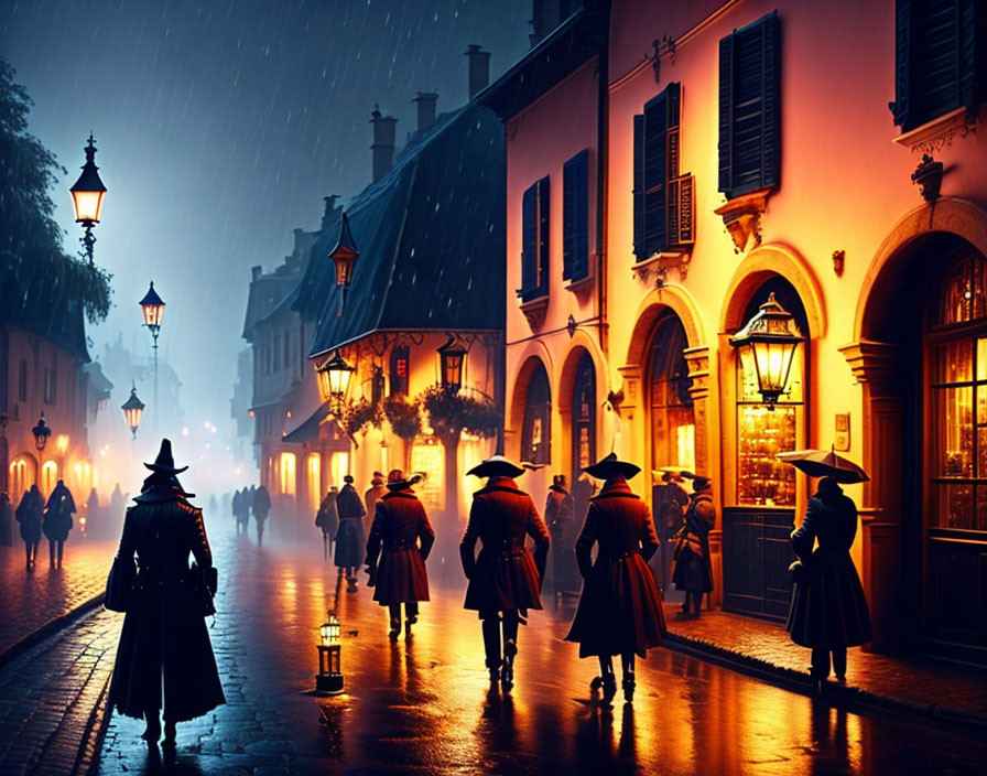 Historical attire people walk on rain-soaked cobblestone street at night