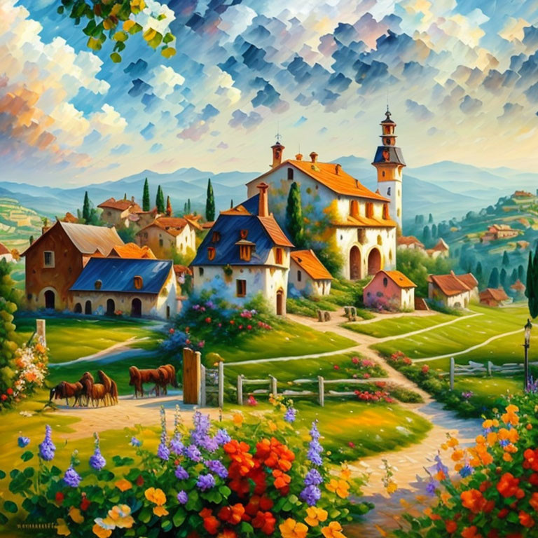 Colorful pastoral landscape with church, houses, horses, and flowers under mosaic sky