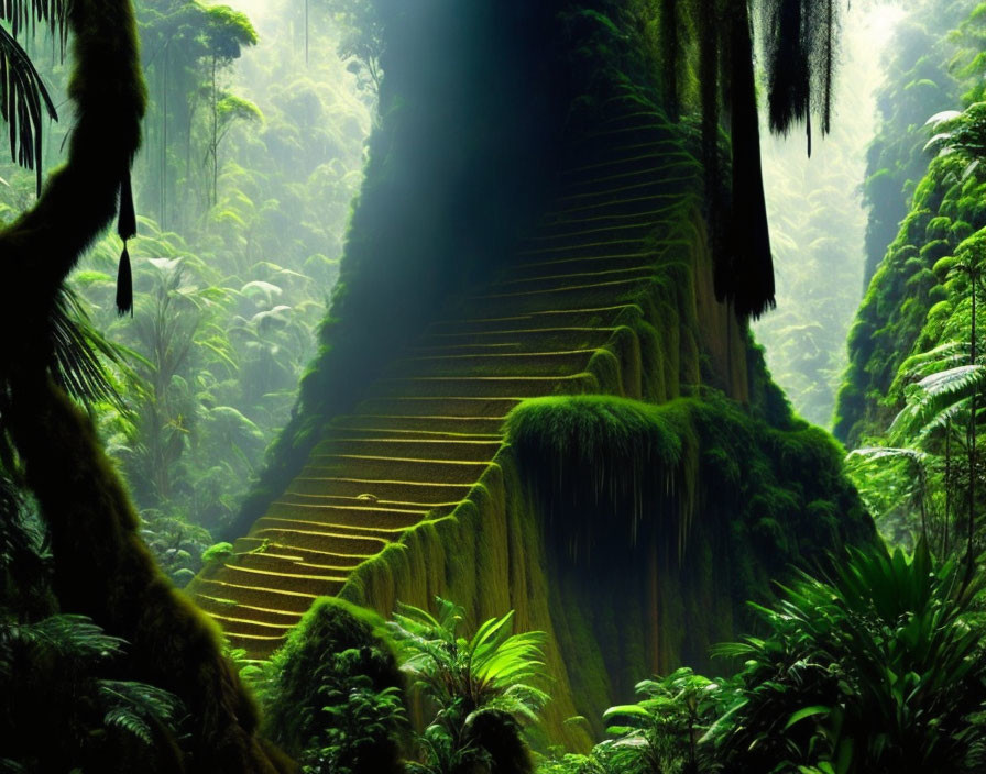 Moss-covered staircase in mystical forest with sunlight filtering through trees