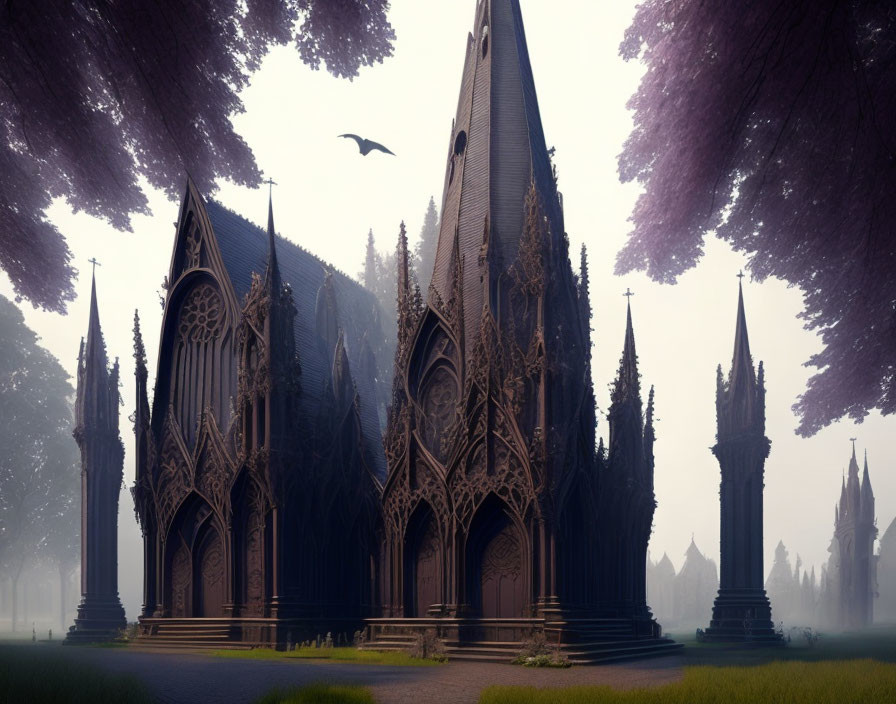 Gothic cathedral in mist with trees, bird, and hazy sky