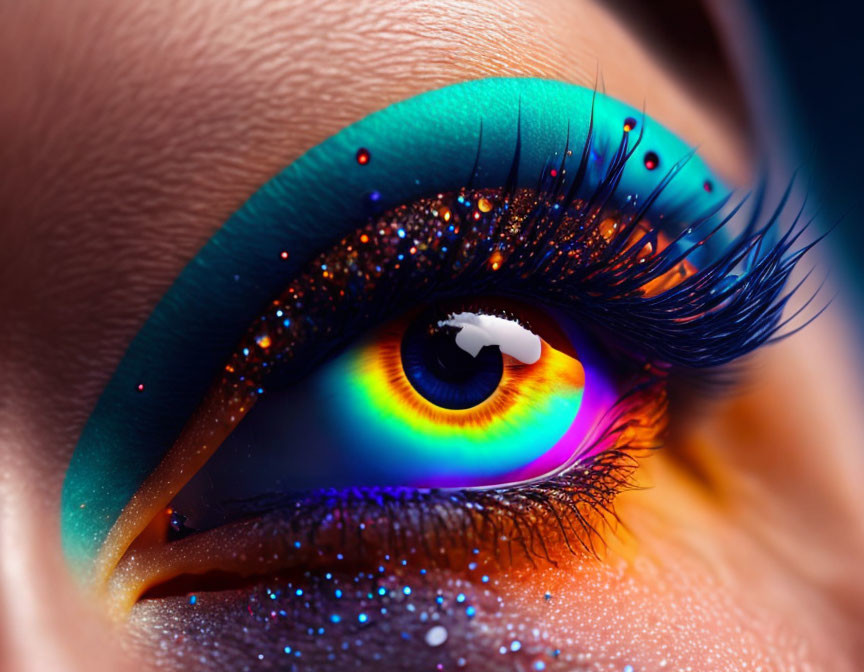 Vibrant Blue Eyeshadow with Glitter and Rainbow Iris