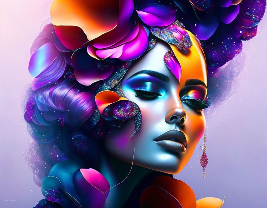 Colorful digital art: woman with floral hair, blue makeup & teardrop earring