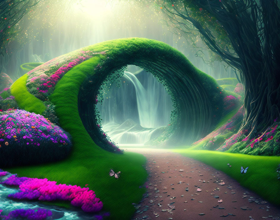 Enchanting forest pathway with colorful flowers, hill, waterfall, and butterflies