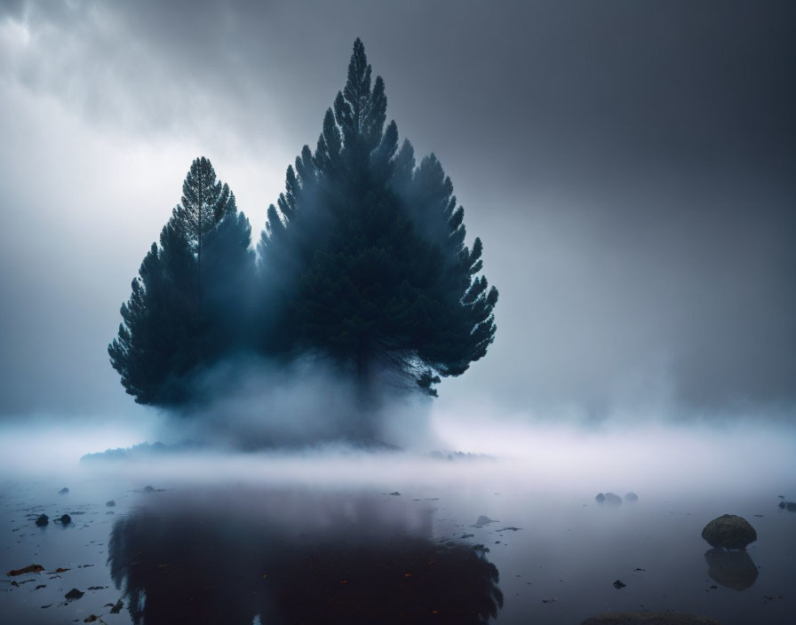 Foggy landscape with trees reflected in water under cloudy sky