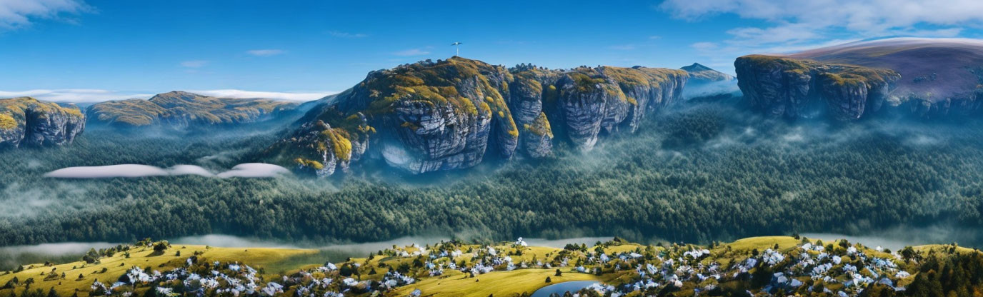 Panoramic Mountain Landscape with Rocky Cliffs and Verdant Valley