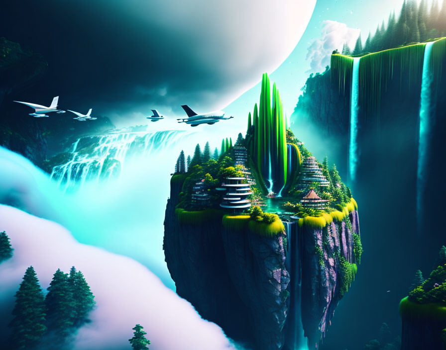 Fantastical scene: planes, floating island, waterfalls, lush greenery, futuristic buildings,