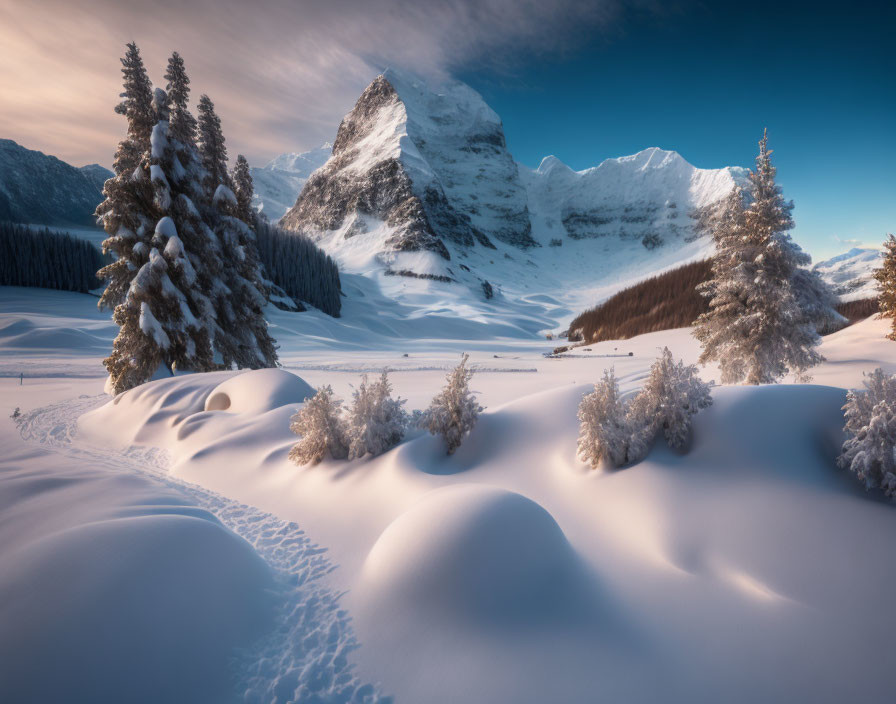 Winter Scene: Snowy Landscape with Frosted Trees & Mountain