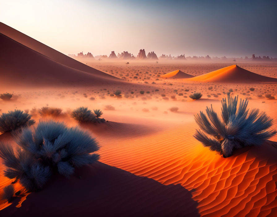 Sunrise Desert Landscape: Orange Dunes, Blue-Green Shrubs, Rock Formations