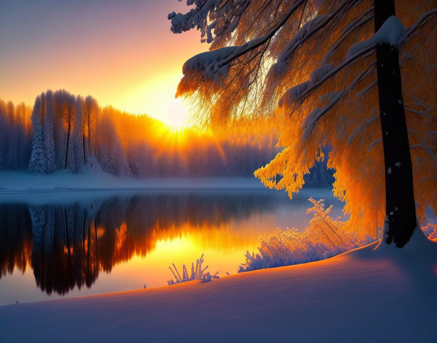 Snowy landscape at sunset: Golden light on still lake & frost-covered trees