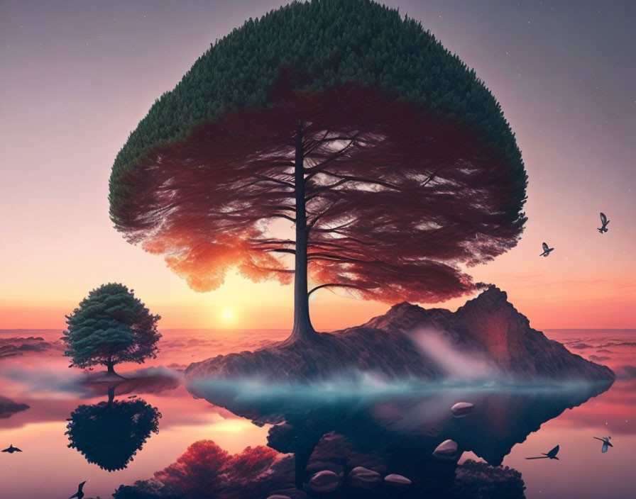 Surreal sunset landscape with giant tree on floating island above clouds