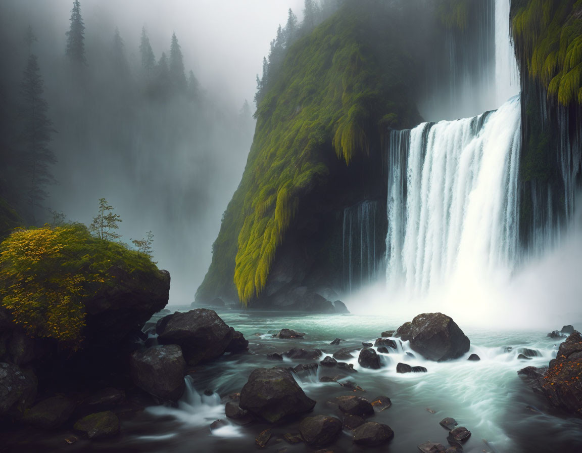 Misty waterfall over mossy cliffs in foggy forest