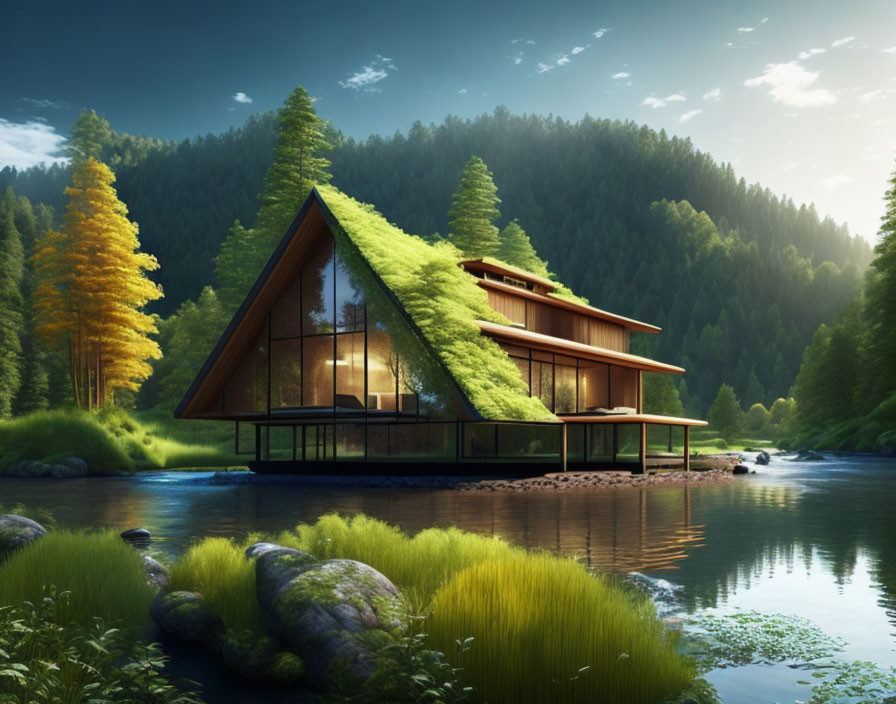 Modern triangular house with green roofs in serene riverside landscape.