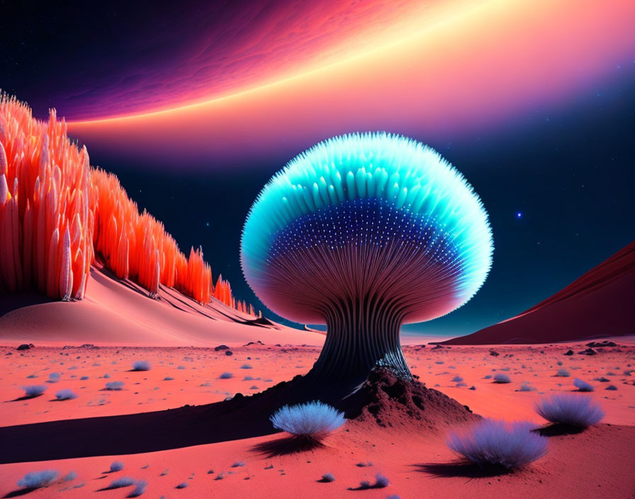 Surreal landscape with glowing mushroom structure and neon flora