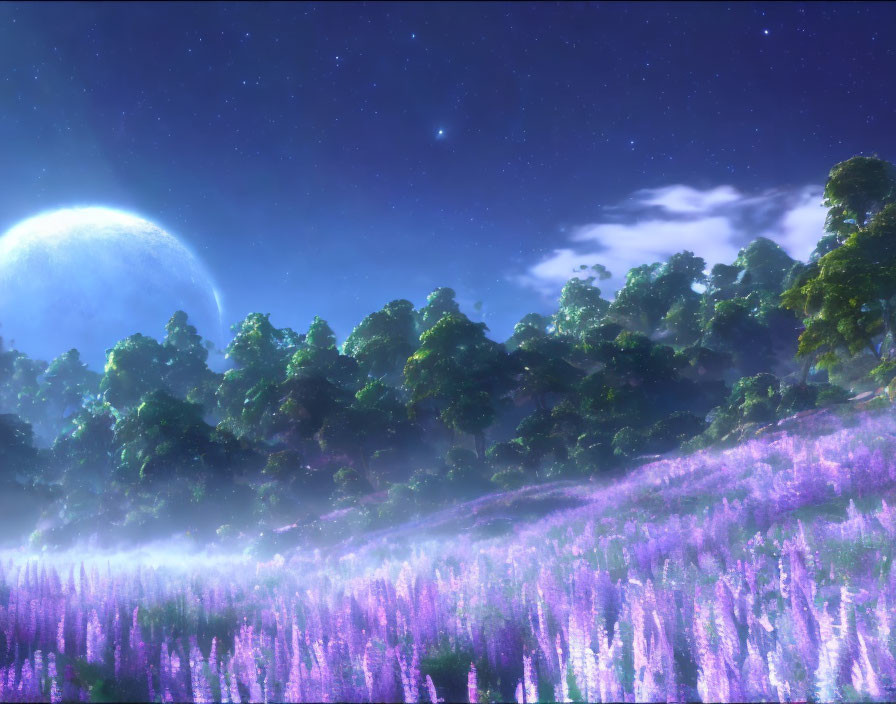 Twilight landscape with purple flora, green forest, and large moon