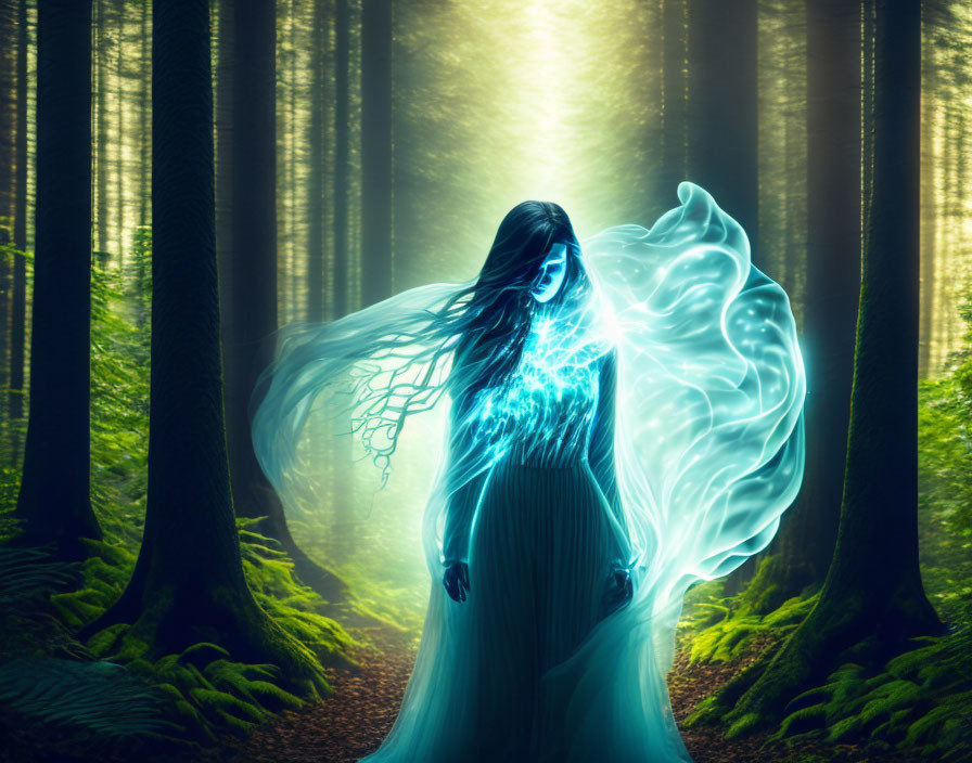 Mystical figure emitting blue energy in shadowy forest