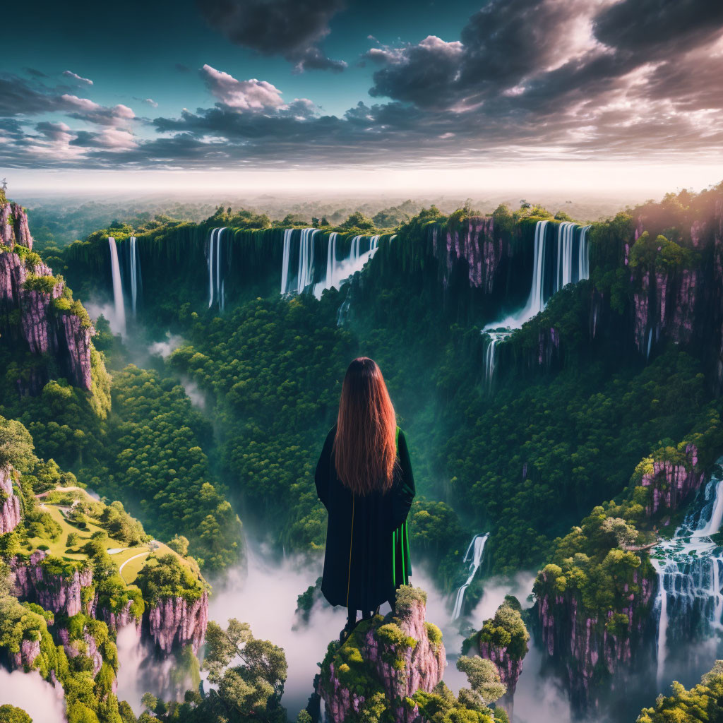 Person on Cliff Overlooking Forest with Waterfalls and Dramatic Sky