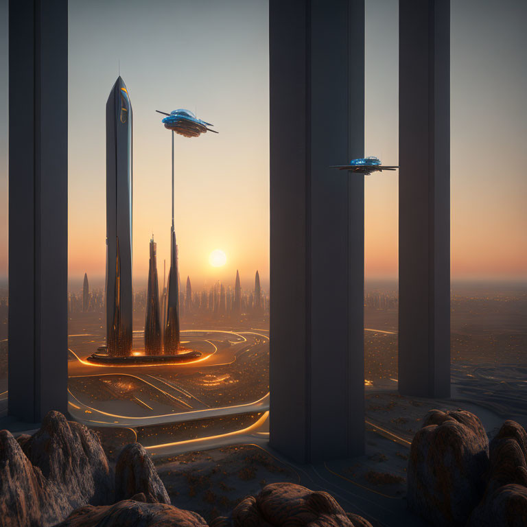 Futuristic cityscape with towering structures and flying vehicles at sunset