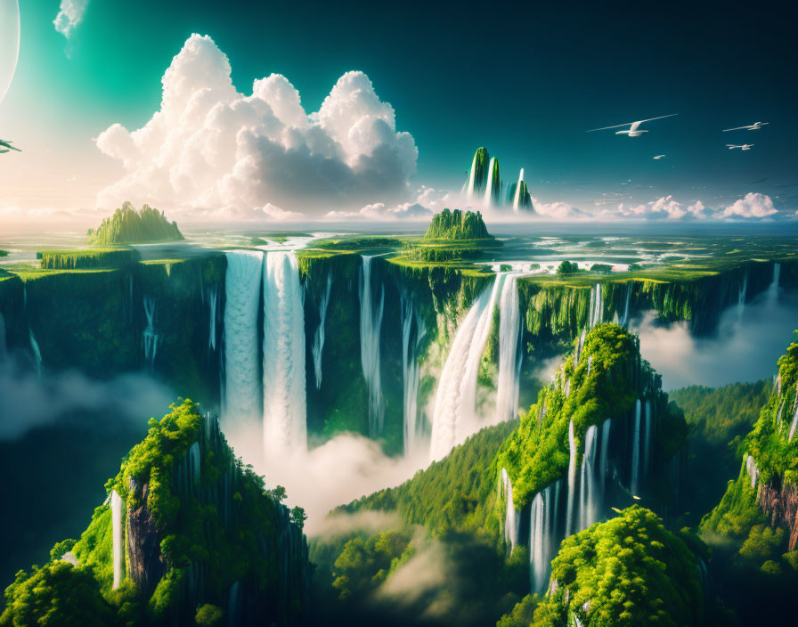 Fantasy landscape with lush greenery, towering waterfalls, and piercing light beams