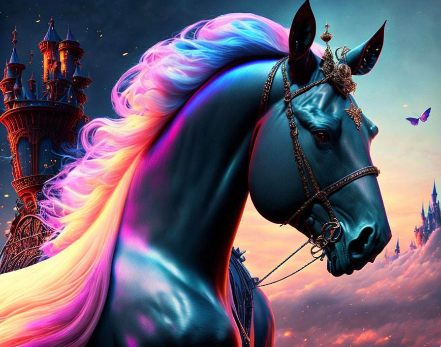 Black horse with rainbow mane and ornate bridle in front of fantastical castle and butterflies