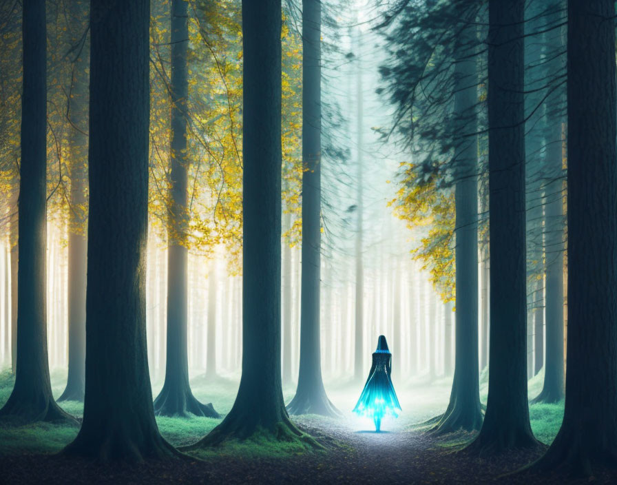 Mystical figure with blue lantern in foggy forest