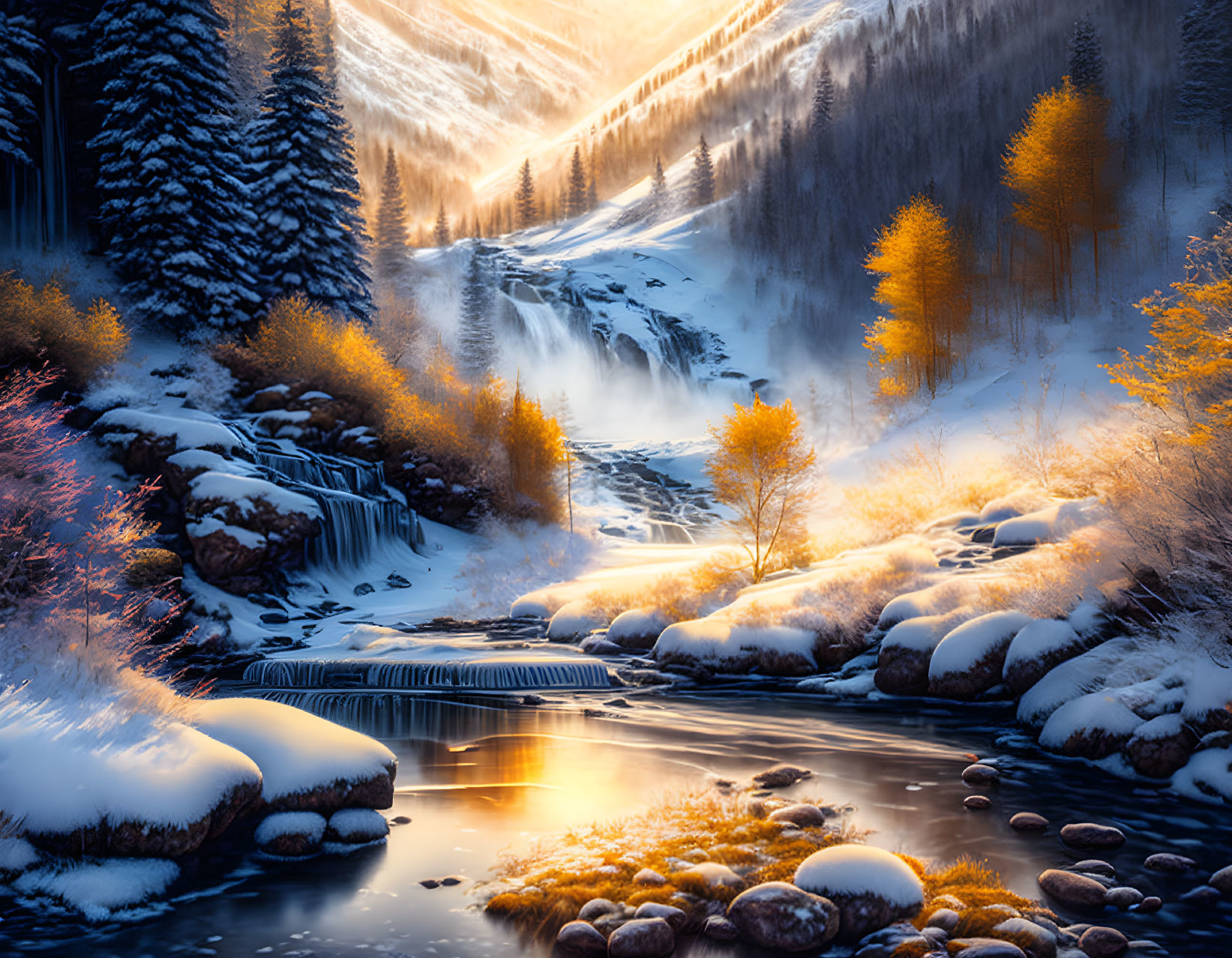 Winter landscape: cascading waterfall, snow-covered rocks, golden trees, forest backdrop