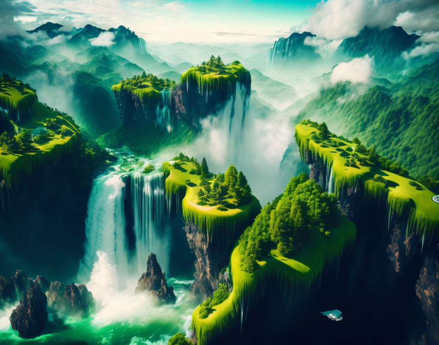 Lush green plateaus, waterfalls, and misty peaks in a fantastical landscape