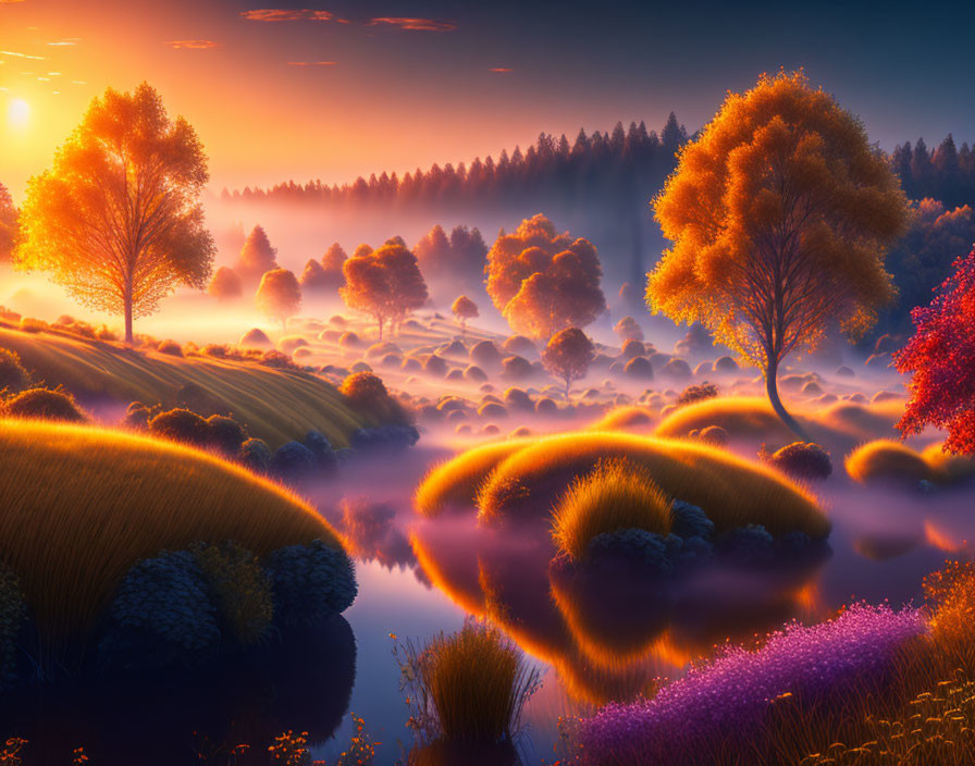 Tranquil Sunrise Landscape with Misty River and Colorful Trees