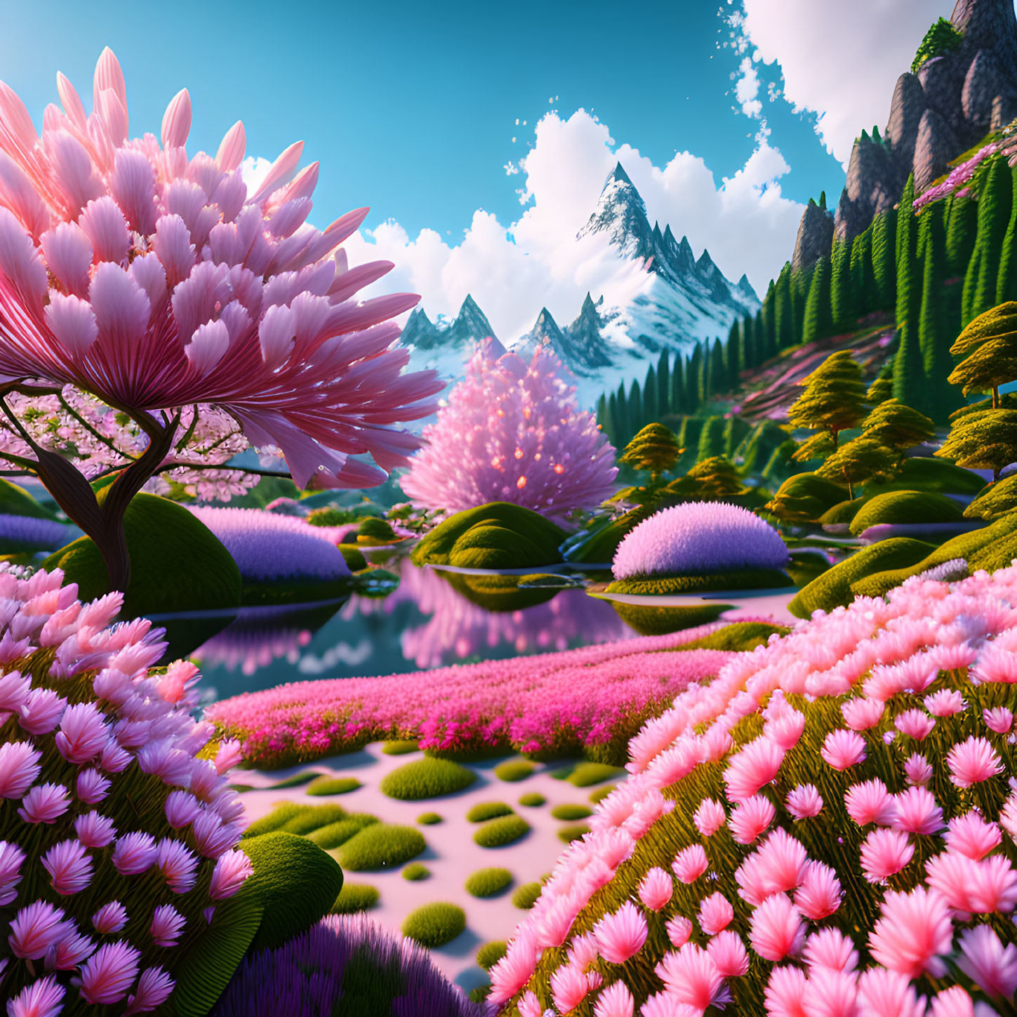 Fantasy landscape with pink flowers, greenery, water, mountains, blue sky