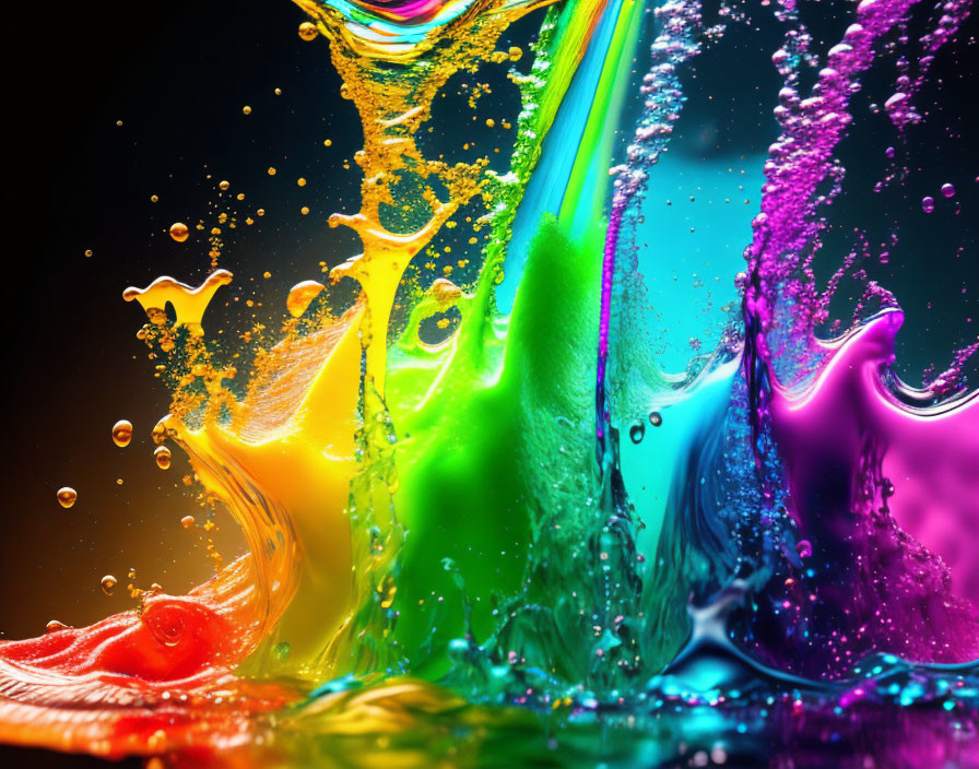 Colorful Liquid Splashes on Dark Background: Dynamic Abstract Art